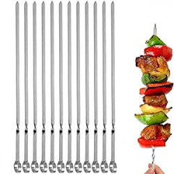 12PCS Kabob Skewers Flat Metal BBQ Barbecue Skewer 14" Long Stainless Steel S