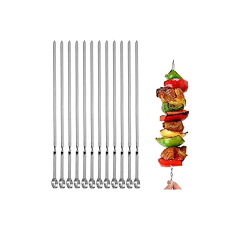 12PCS Kabob Skewers Flat Metal BBQ Barbecue Skewer 14" Long Stainless Steel S