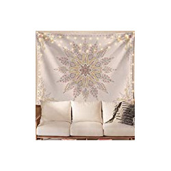 Bohemian Tapestry Wall Hanging, Beige White Floral Tapestry