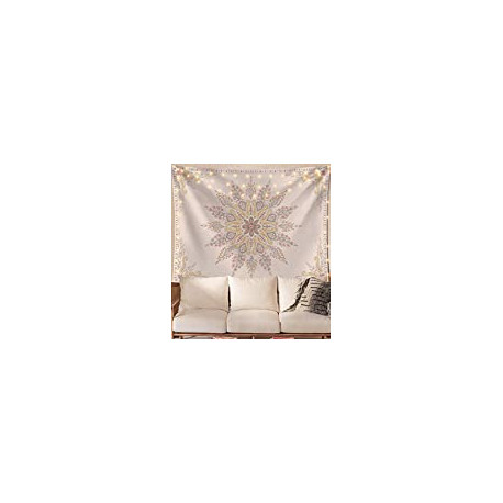 Bohemian Tapestry Wall Hanging, Beige White Floral Tapestry