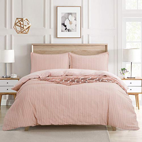 Duvet Cover Set Seersucker Stripe,King Size(104 x 90 inches) Pink,3 Pieces(1 Duvet Cover + 2 Pillow Shams)