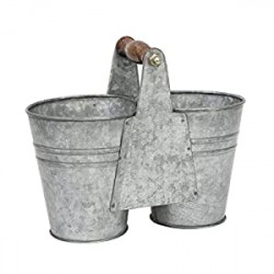 Galvanized Metal Double Bucket with Wooden Handle, Gray