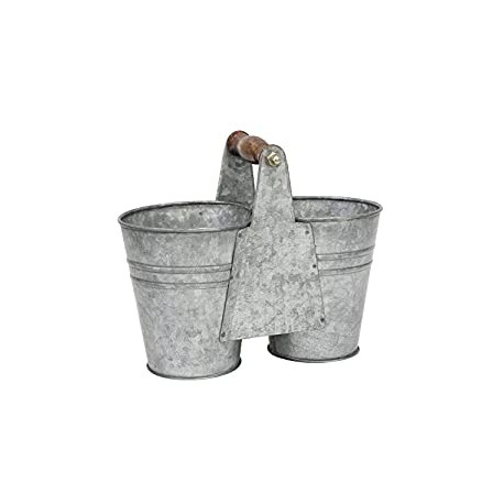 Galvanized Metal Double Bucket with Wooden Handle, Gray