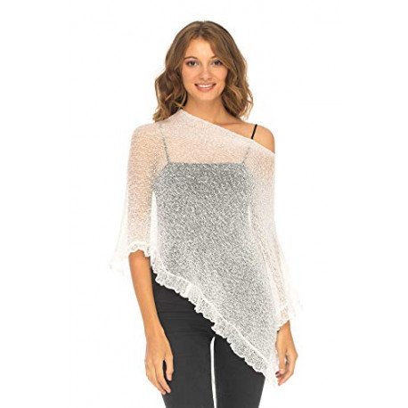 Womens Sheer Poncho Shrug Lightweight Knit Ruffle Pullover Sweater Top