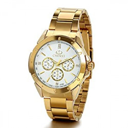 Mens Gold Watch Stainless Steel Round Analog Quartz