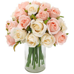 24 Heads Artificial Rose Flowers for Home Bridal Wedding Party Festival Decor (2 Packs Champagne and Pink)