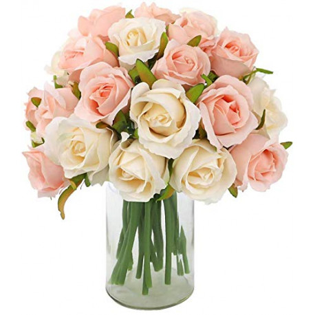 24 Heads Artificial Rose Flowers for Home Bridal Wedding Party Festival Decor (2 Packs Champagne and Pink)