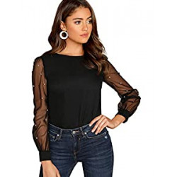 Women's Pearl Sheer Mesh Long Sleeve Tops Blouse