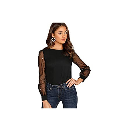 Women's Pearl Sheer Mesh Long Sleeve Tops Blouse