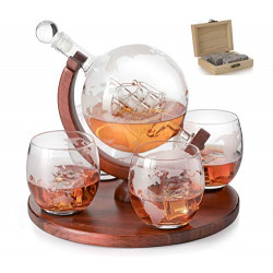World Decanter whiskey Globe and 4 World Map 10oz Glasses, Great Gift