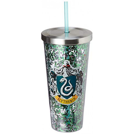 Harry Potter Tumbler - Slytherin Glitter Cup with Straw - 20 oz - Acrylic - Green