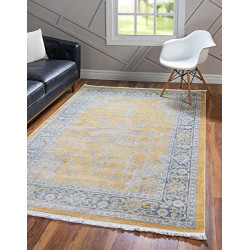 Saturated Distressed Vintage Traditional Area Rug, 5 ft 5 in x 8 ft, Yellow/Blue
