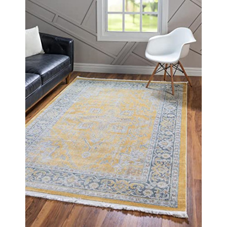 Saturated Distressed Vintage Traditional Area Rug, 5 ft 5 in x 8 ft, Yellow/Blue