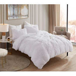 Shaggy Comforter Set Ultra Soft Luxurious Faux Fur Decorative Fluffy Crystal Velvet Bedding with 2 Shams, King, White