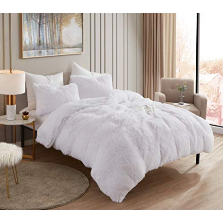 Shaggy Comforter Set Ultra Soft Luxurious Faux Fur Decorative Fluffy Crystal Velvet Bedding with 2 Shams, King, White