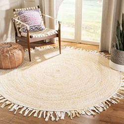 4' x 4' Round Beige BRD451B Handmade Boho Fringe Reversible Cotton Area Rug