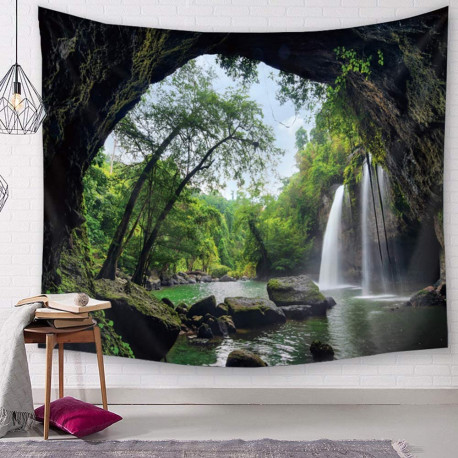 Waterfall Wall Tapestry Green Jungle Wall Hanging Tropical Forest 3D Mountain Tree Nature Landscape Tapestry (Small-59 x 51 In)