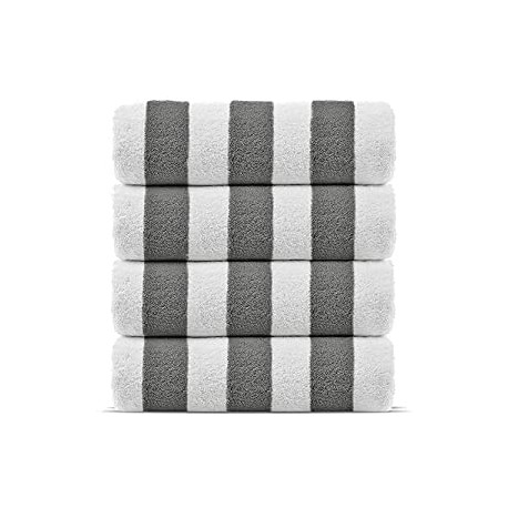 100% Turkish Cotton Cabana Thick Stripe Pool Beach Towels, Eco-Friendly (4 Pack, Gray)