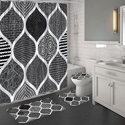 4 Pcs Black Shower Curtain Sets with Rugs, Boho Bathroom Sets