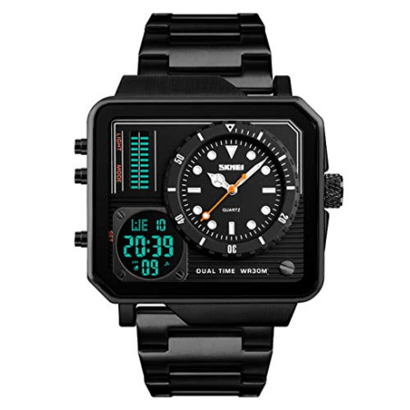 Men's Sports Stainless Steel Waterproof Square Led Dual Display