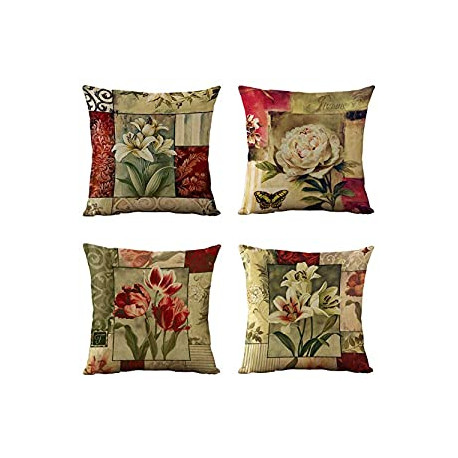 Set of 4 Vintage Flower Throw Pillow Covers