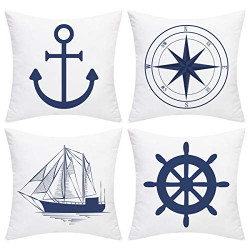 Pillow Cover Blue Anchor Navigation Compass Sailboat Pillowcase Set of 4