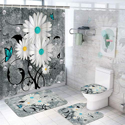 4 Pcs Floral Butterfly Shower Curtain Set with Rugs