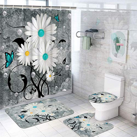 4 Pcs Floral Butterfly Shower Curtain Set with Rugs