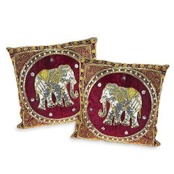 Elephant Embroidered Velvet Throw Pillow Cases Set of 2 Red