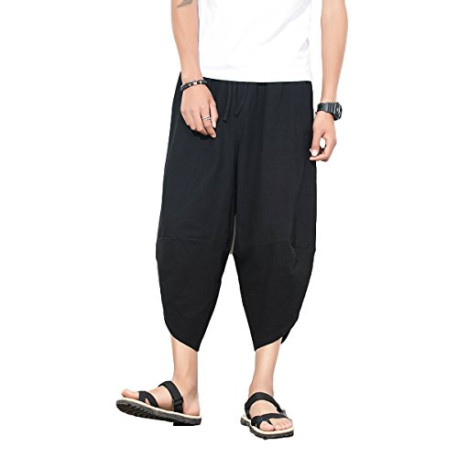 Mens Casual Elastic Waist Linen Capri Wide Leg