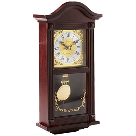 Wood Wall Clock with Brass Pendulum and 4 Chimes, 22 Inch, Mahogany Cherry Oak