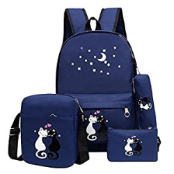 4Pcs Cute Cat Prints Canvas Primary School Bag