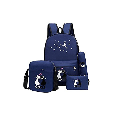 4Pcs Cute Cat Prints Canvas Primary School Bag