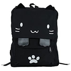 Black College Cute Cat Embroidery Canvas School Backpack