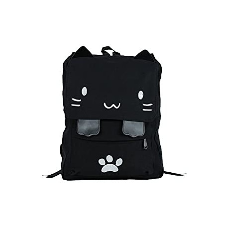 Black College Cute Cat Embroidery Canvas School Backpack