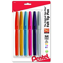 Pentel Arts Sign Pen Brush Tip, Assorted Ink, 6-Pk (S520RBP6M)