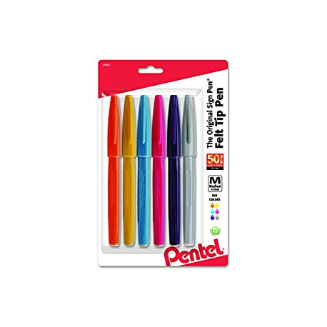 Pentel Arts Sign Pen Brush Tip, Assorted Ink, 6-Pk (S520RBP6M)