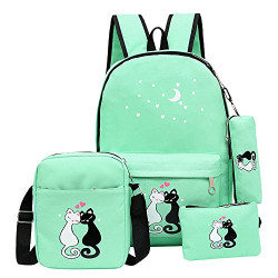 4Pcs Cute Cat Prints Canvas Primary School Bag