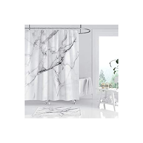 White Marble Shower Curtain Mat Set 2 Pc