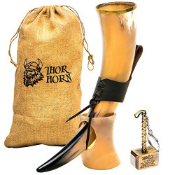 Large Viking Drinking Horn with Stand, 15-20 Oz Natural Ox Horn Cup & Cofee Mug