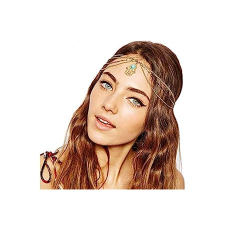 Turquoise Head Chain Gold Hamsa Headband