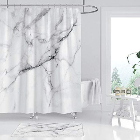 White Marble Shower Curtain Mat Set 2 Pcs Non-Slip