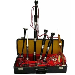 Scottish Highland Bagpipe Black Finish Royal Stewart Tartan Silver Plain Mounts