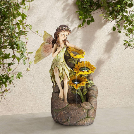 Garden Fairy with Sunflowers Outdoor Floor Cascading Water Fountain 26"