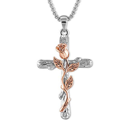Cross Pendant Necklace for Women Rose Flower