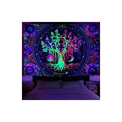 Blacklight Tree of Life Tapestry Trippy Sun and Moon