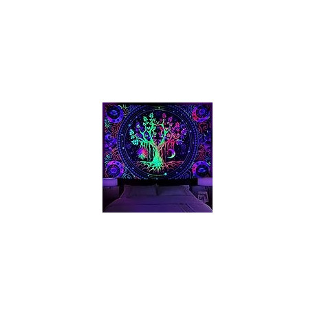 Blacklight Tree of Life Tapestry Trippy Sun and Moon