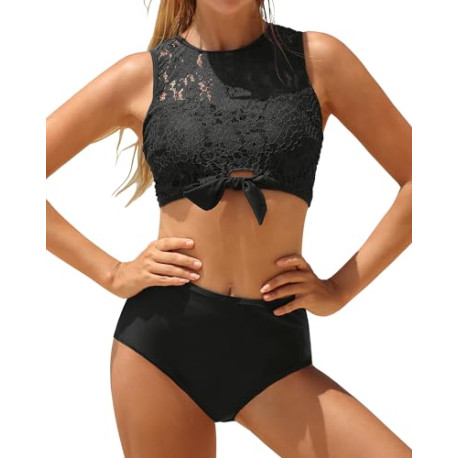 Women Two Piece Lace Bikini Tie Knot Front High Waisted