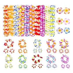 54PCS Luau Hawaii Party Decorations Bulk Leis Necklace Headbands and Hair Clips