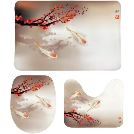 3 Piece for Bathroom ﻿Koi Carps Red Sacura Anti-Slip Absorbent Bath Mats